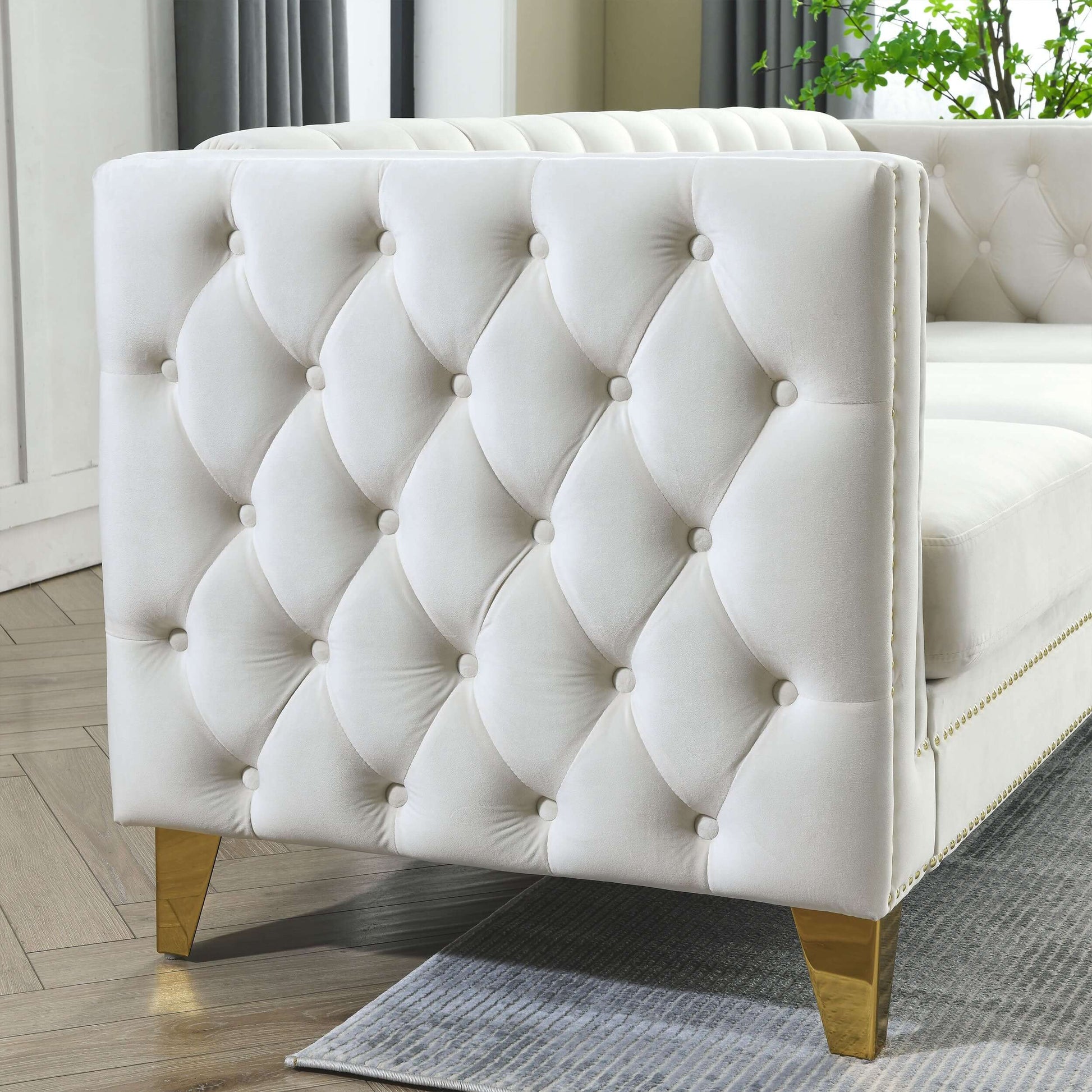 Chesterfield Sofa, L-Shaped Velvet Corner Couch - White
