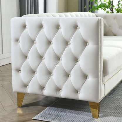 Chesterfield Sofa, L-Shaped Velvet Corner Couch - White