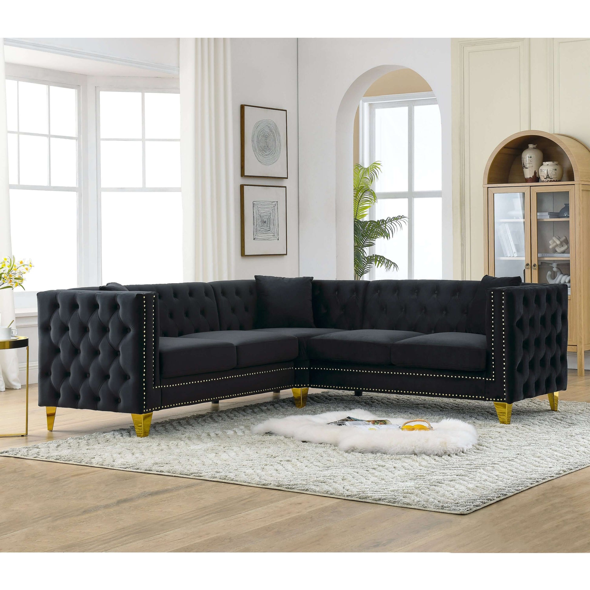 Chesterfield Sofa, L-Shaped Velvet Corner Couch - Black