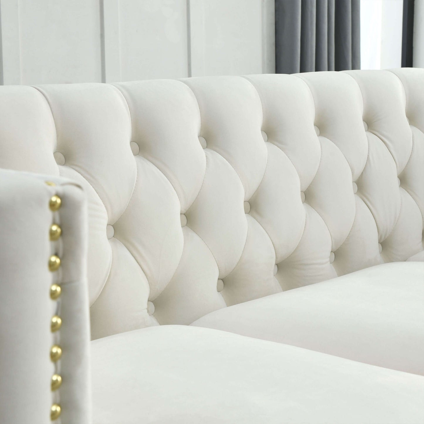 Chesterfield Sofa, L-Shaped Velvet Corner Couch - White