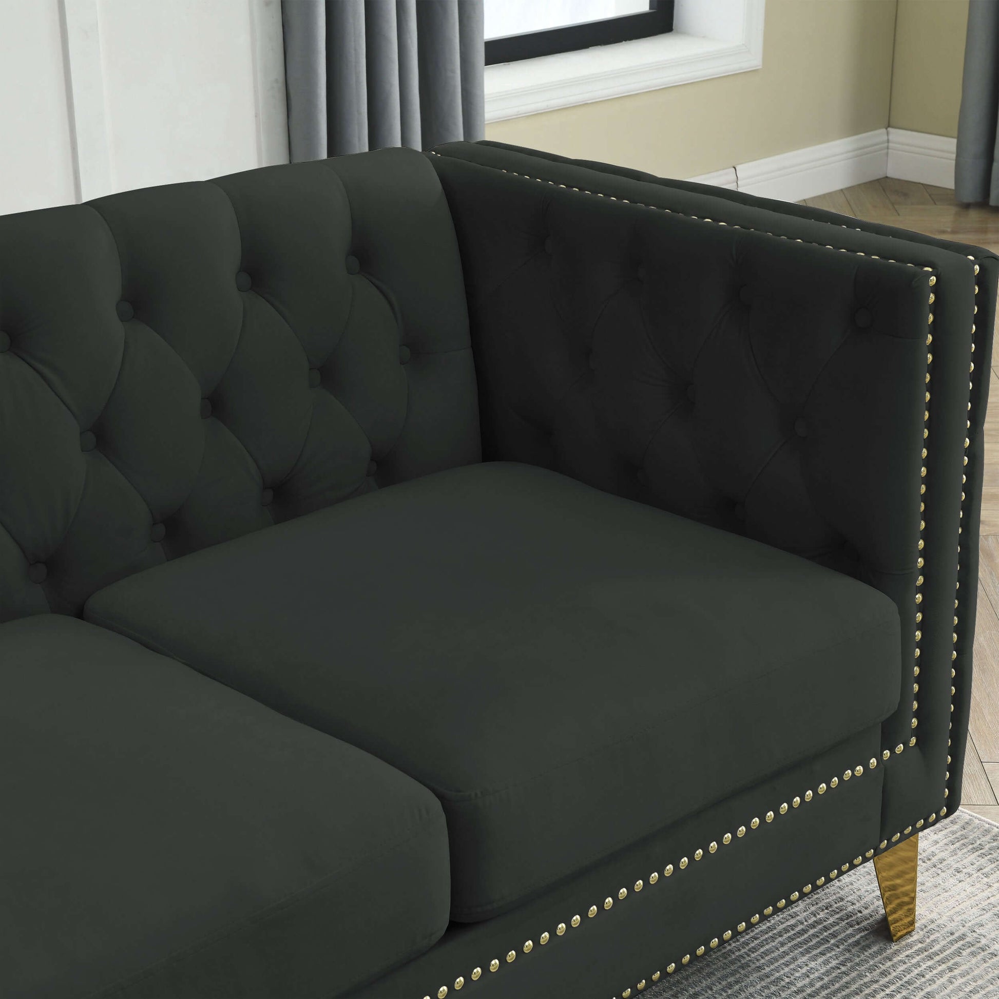 Chesterfield Sofa, L-Shaped Velvet Corner Couch - Black