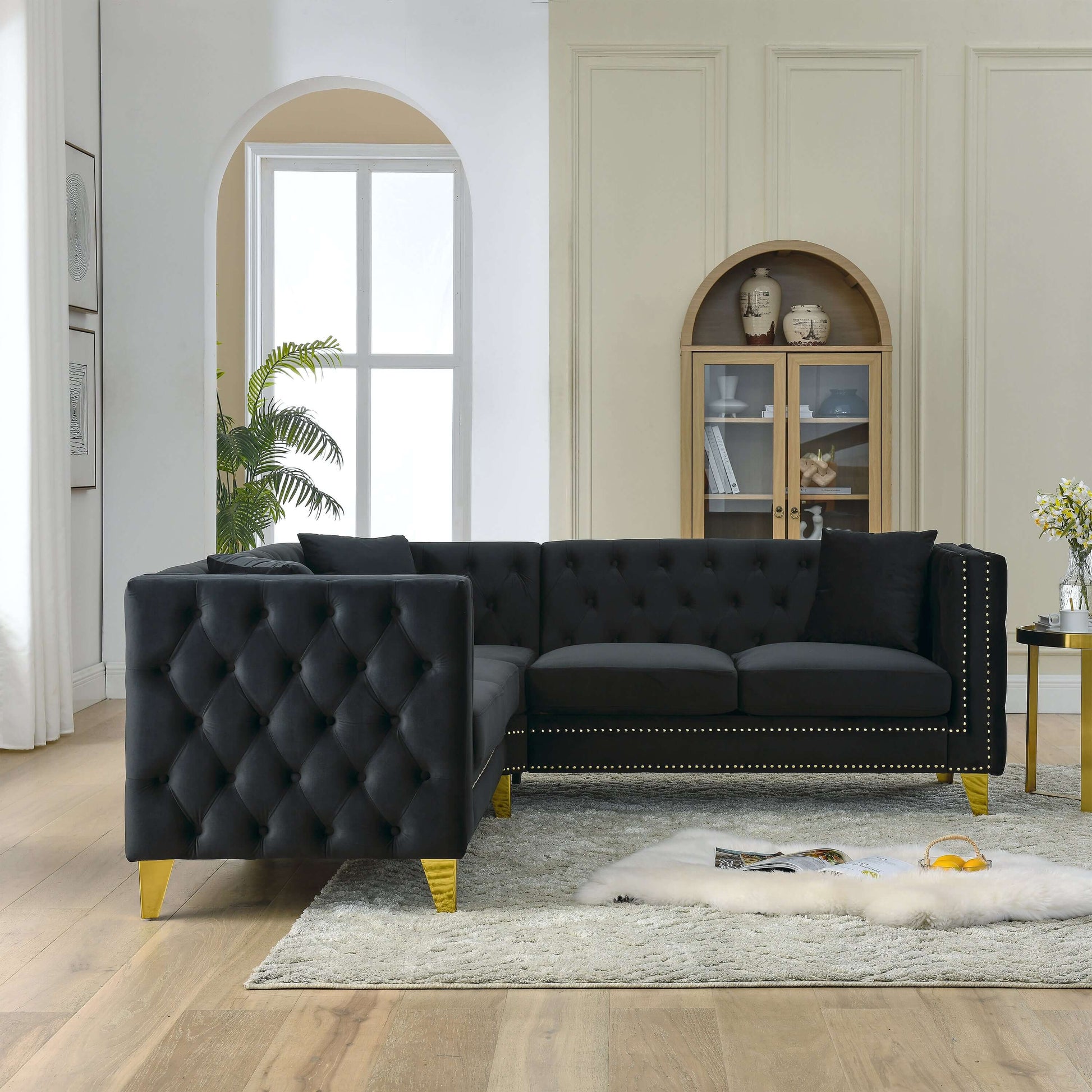 Chesterfield Sofa, L-Shaped Velvet Corner Couch - Black