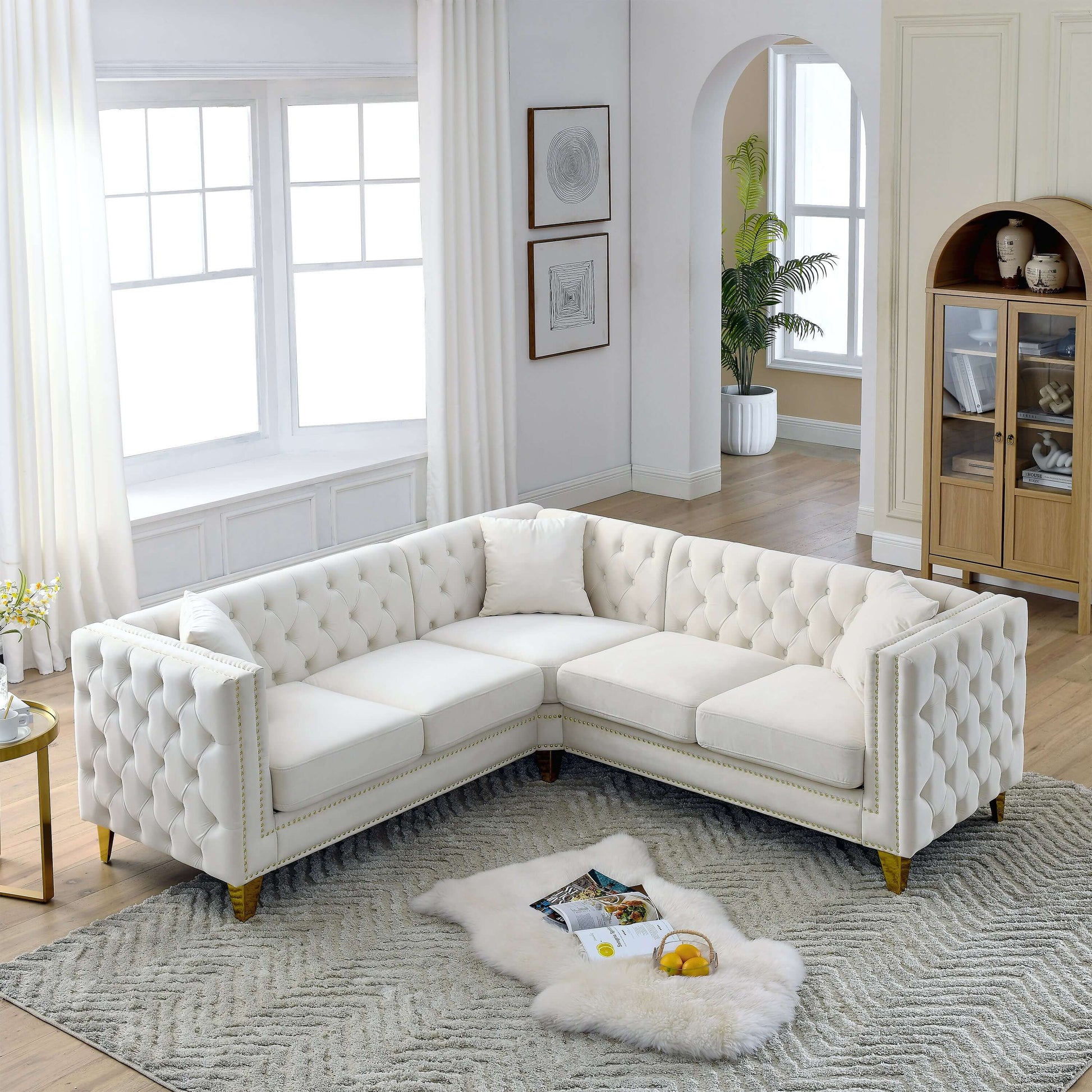 Chesterfield Sofa, L-Shaped Velvet Corner Couch - White