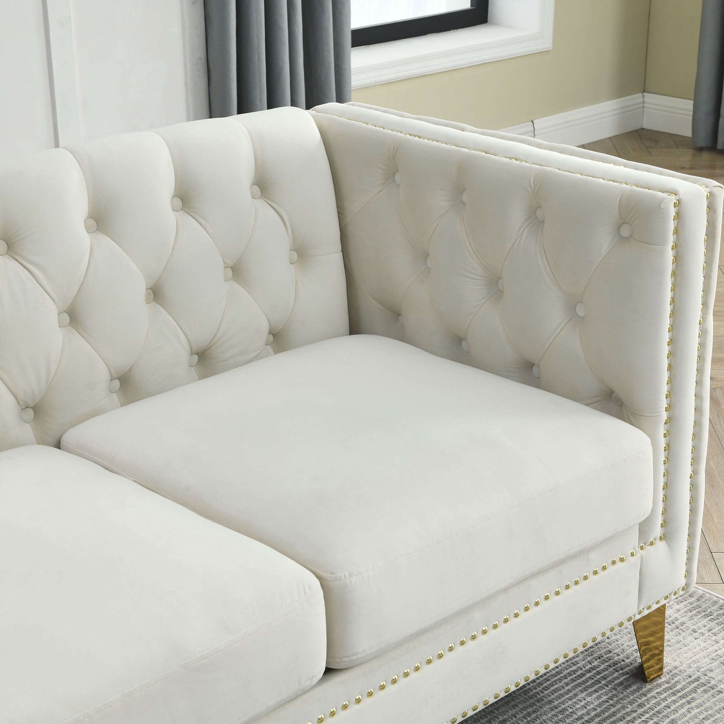 Chesterfield Sofa, L-Shaped Velvet Corner Couch - White