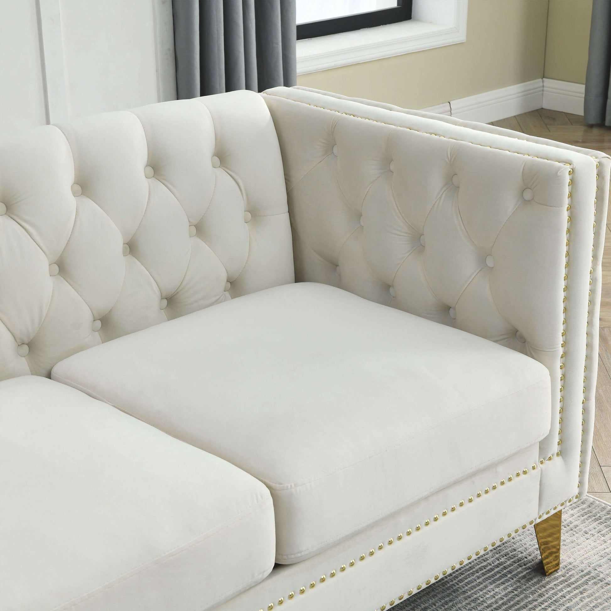 Chesterfield Sofa, L-Shaped Velvet Corner Couch - White
