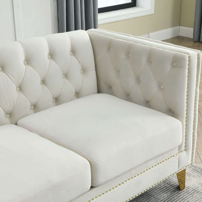 Chesterfield Sofa, L-Shaped Velvet Corner Couch - White