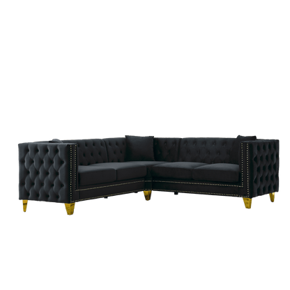 Chesterfield Sofa, L-Shaped Velvet Corner Couch - Black