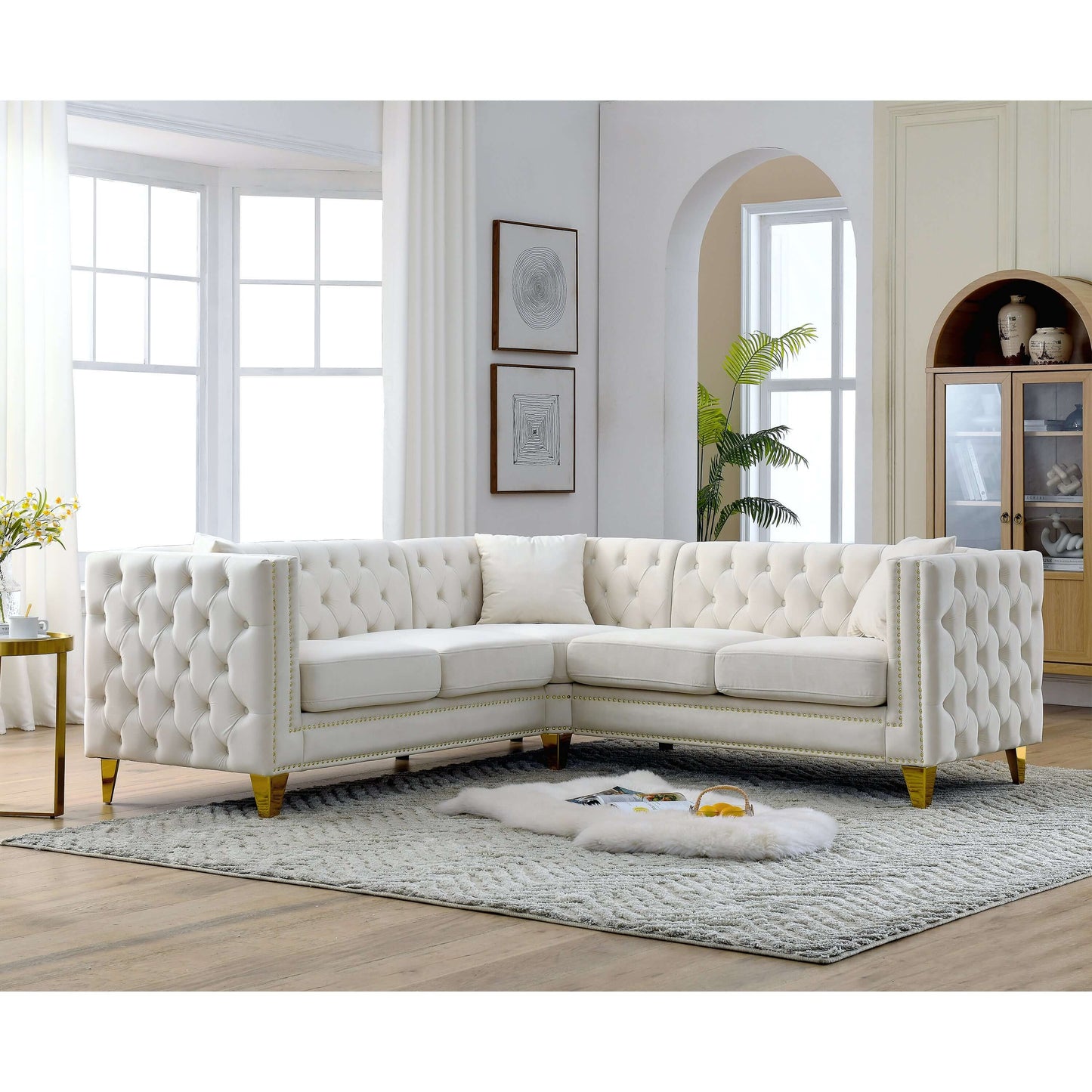 Chesterfield Sofa, L-Shaped Velvet Corner Couch - White