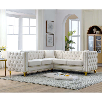 Chesterfield Sofa, L-Shaped Velvet Corner Couch - White