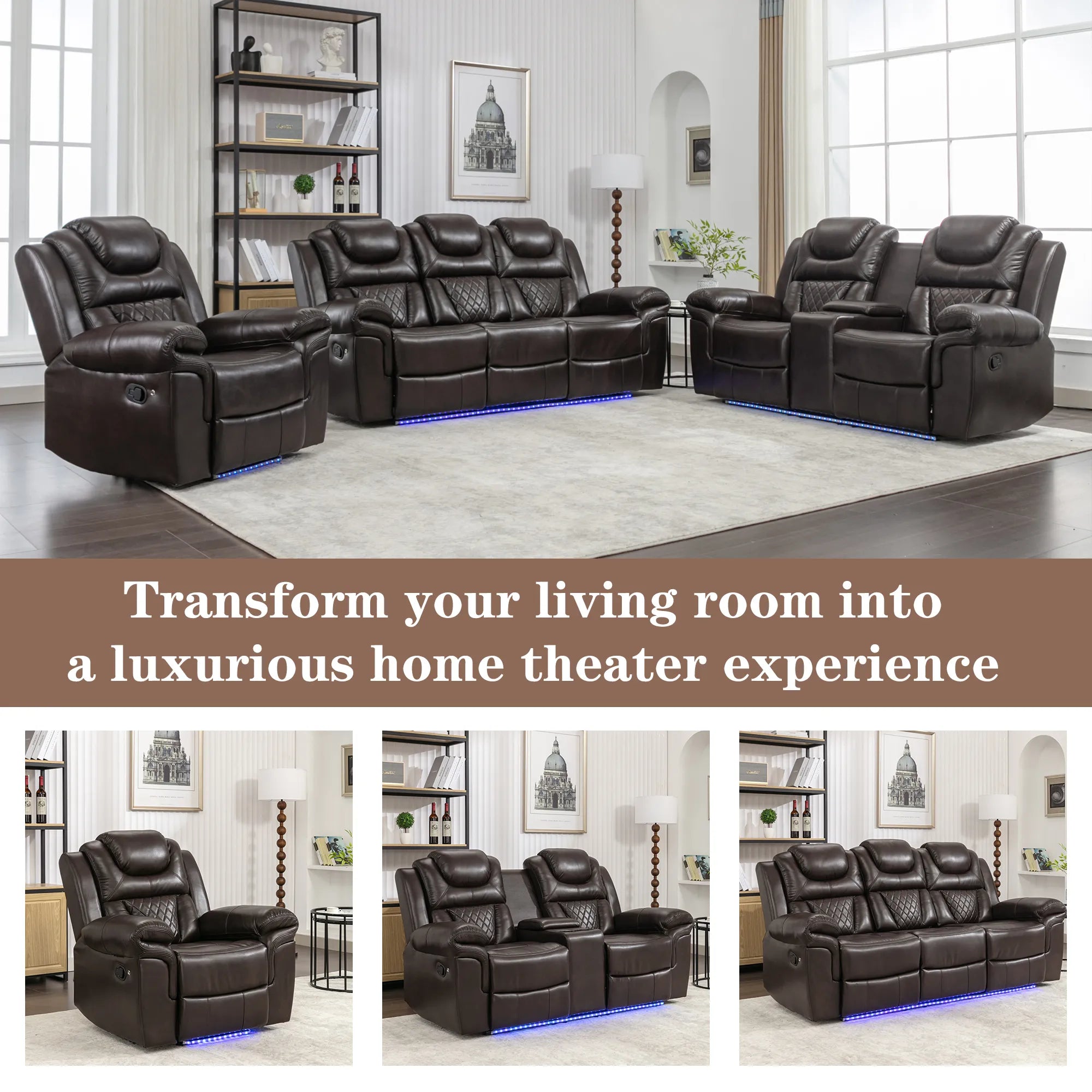 Louie Luxury Recliner Sofa Set, Home Theater Seating with LED Lights