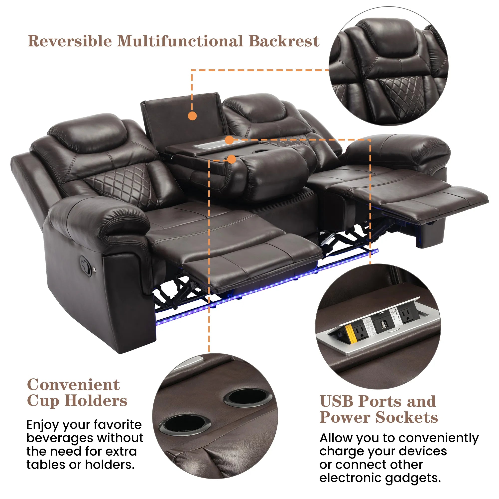 Louie Luxury Recliner Sofa Set, Home Theater Seating with LED Lights