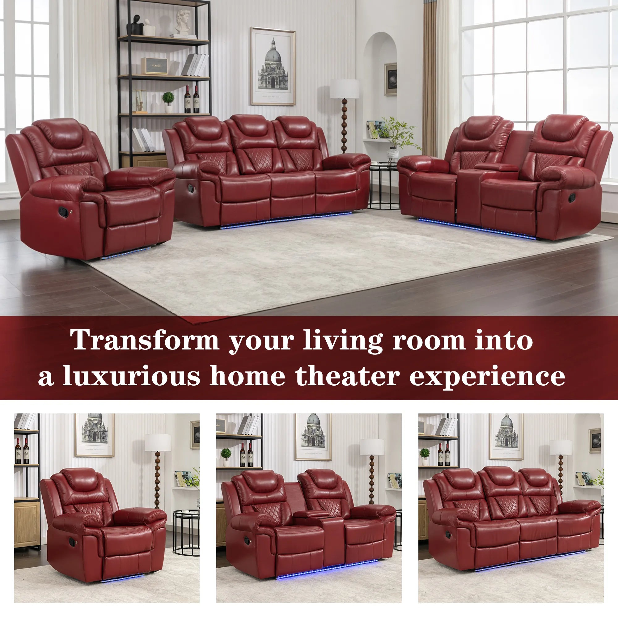 Louie Luxury Recliner Sofa Set, Home Theater Seating with LED Lights