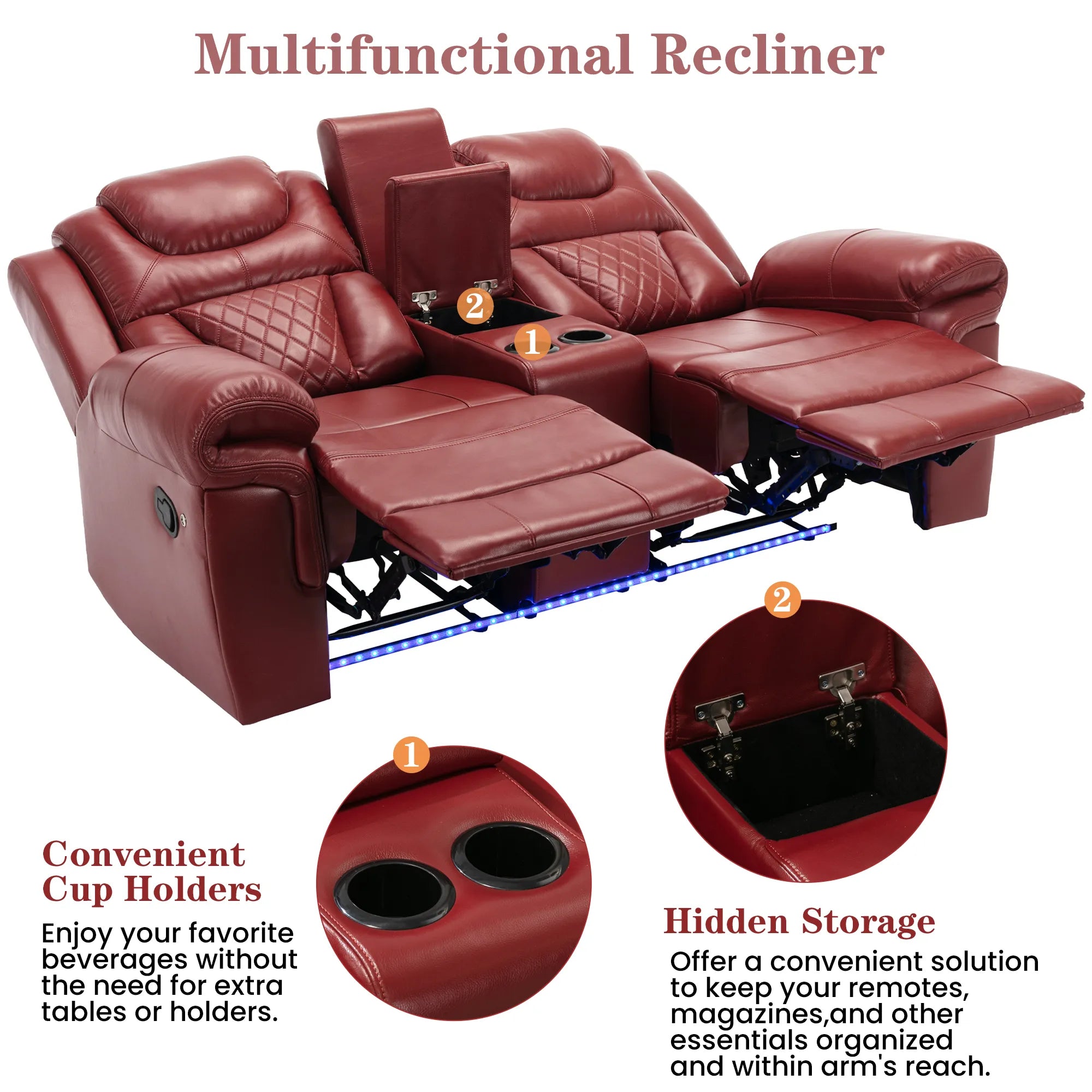 Louie Luxury Recliner Sofa Set, Home Theater Seating with LED Lights