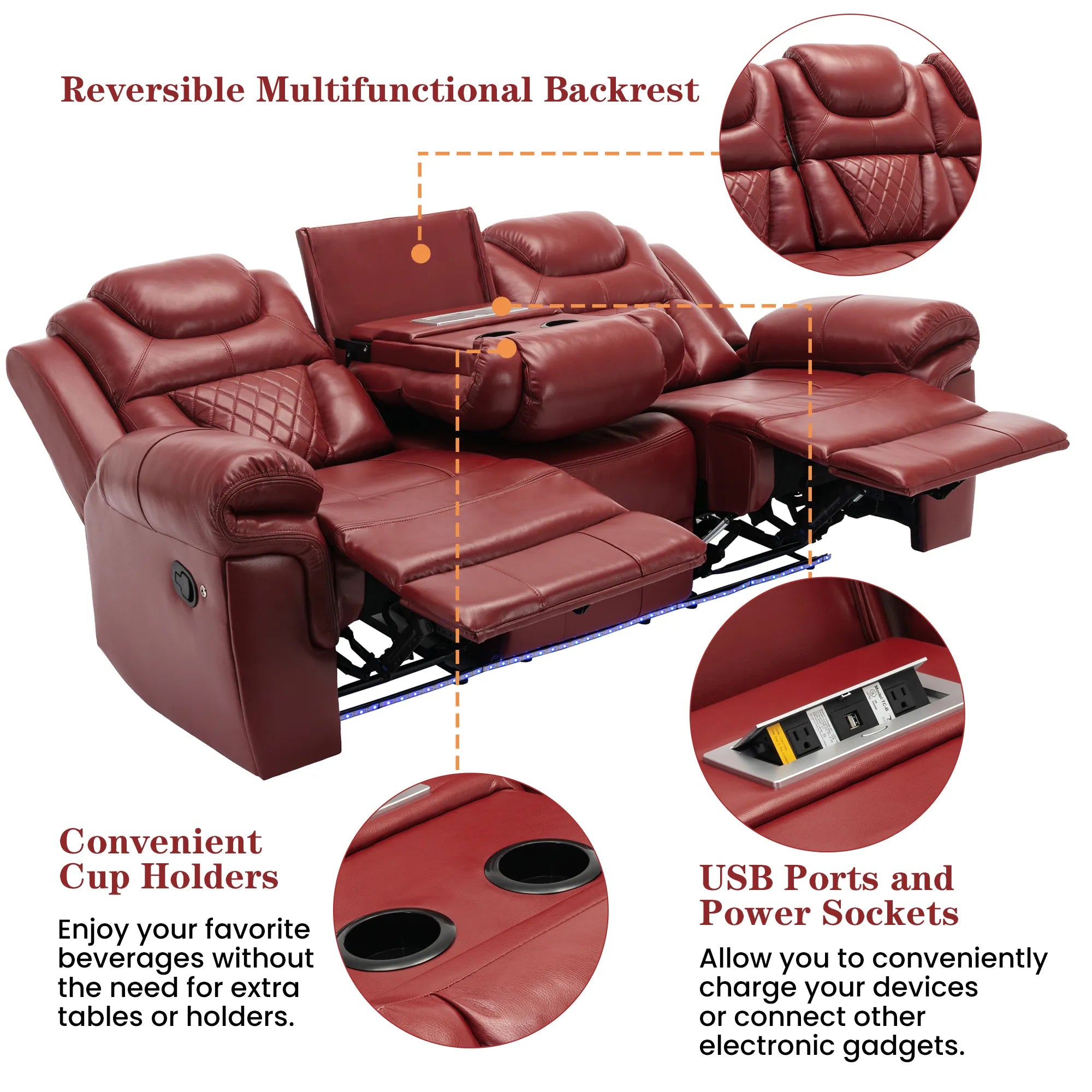 Louie Luxury Recliner Sofa Set, Home Theater Seating with LED Lights