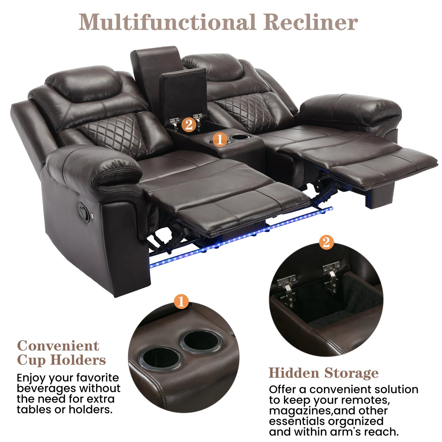 Louie Luxury Recliner Sofa Set, Home Theater Seating with LED Lights