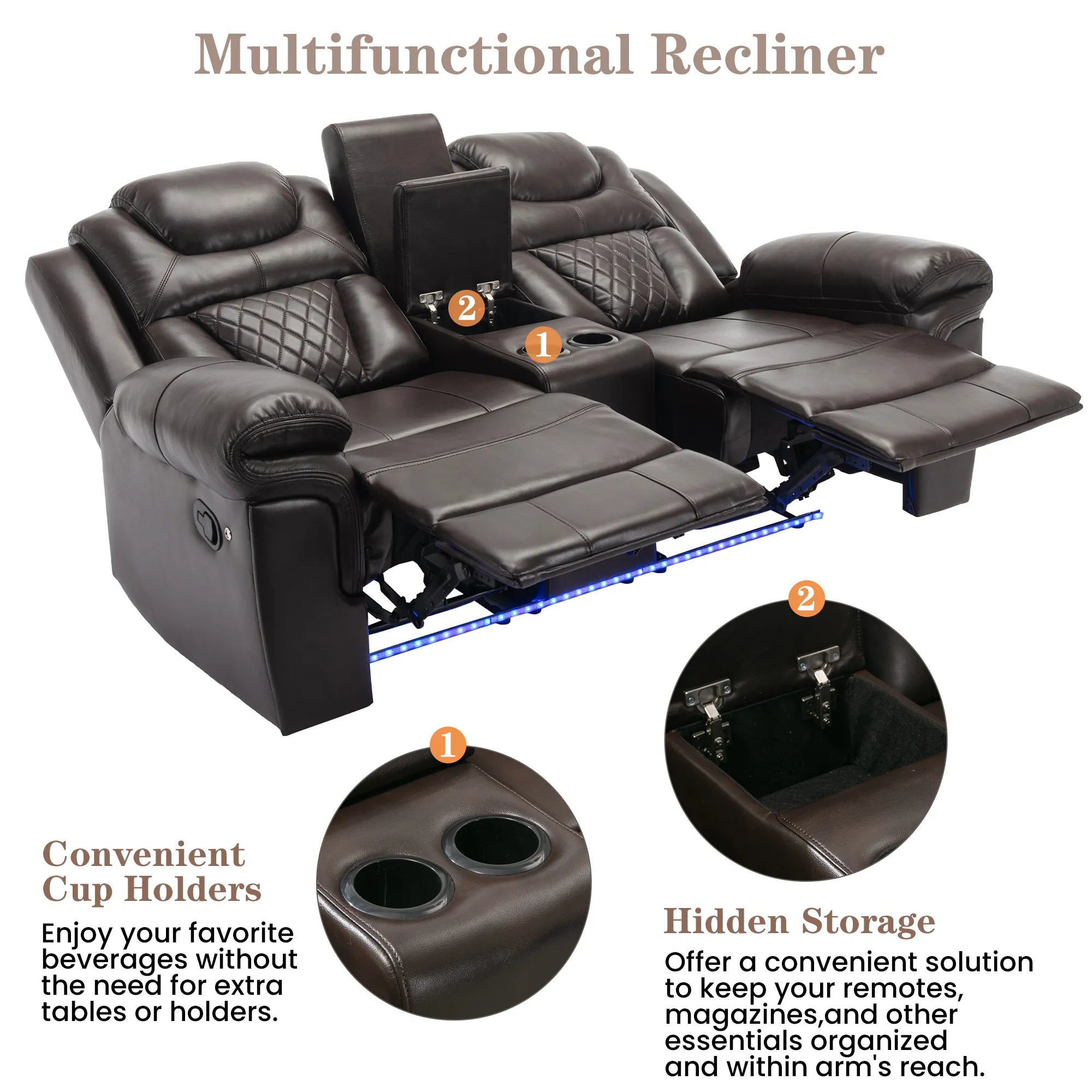 Louie Luxury Recliner Sofa Set, Home Theater Seating with LED Lights