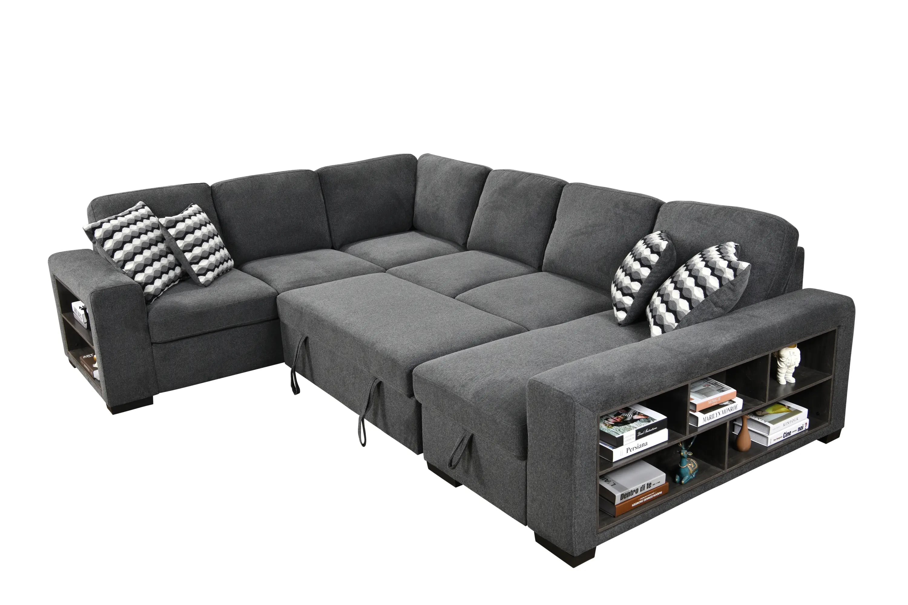 U Shaped Sectional, Sleeper Sofa with Chaise and Storage, Dark Gray