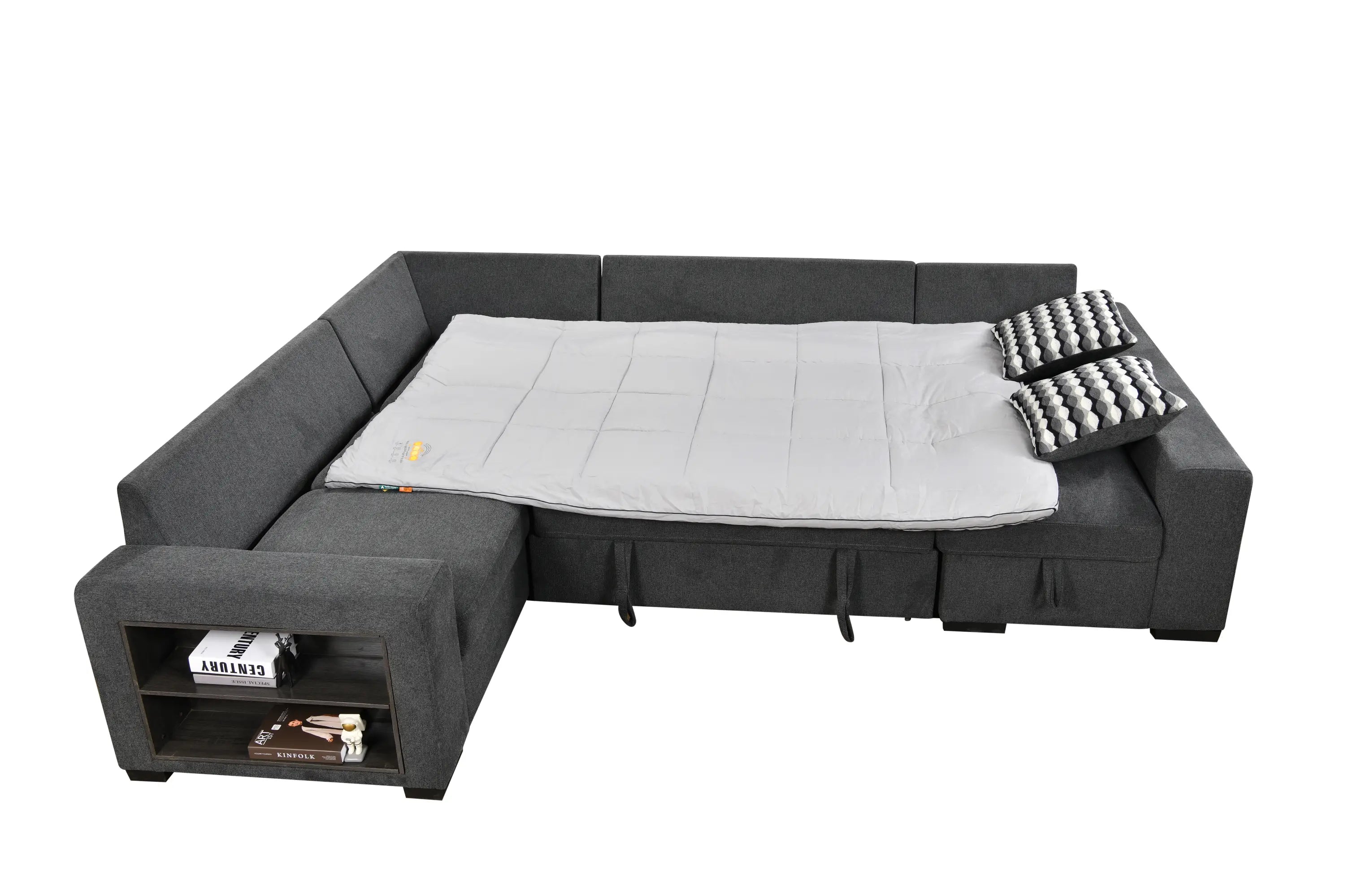 U Shaped Sectional, Sleeper Sofa with Chaise and Storage, Dark Gray