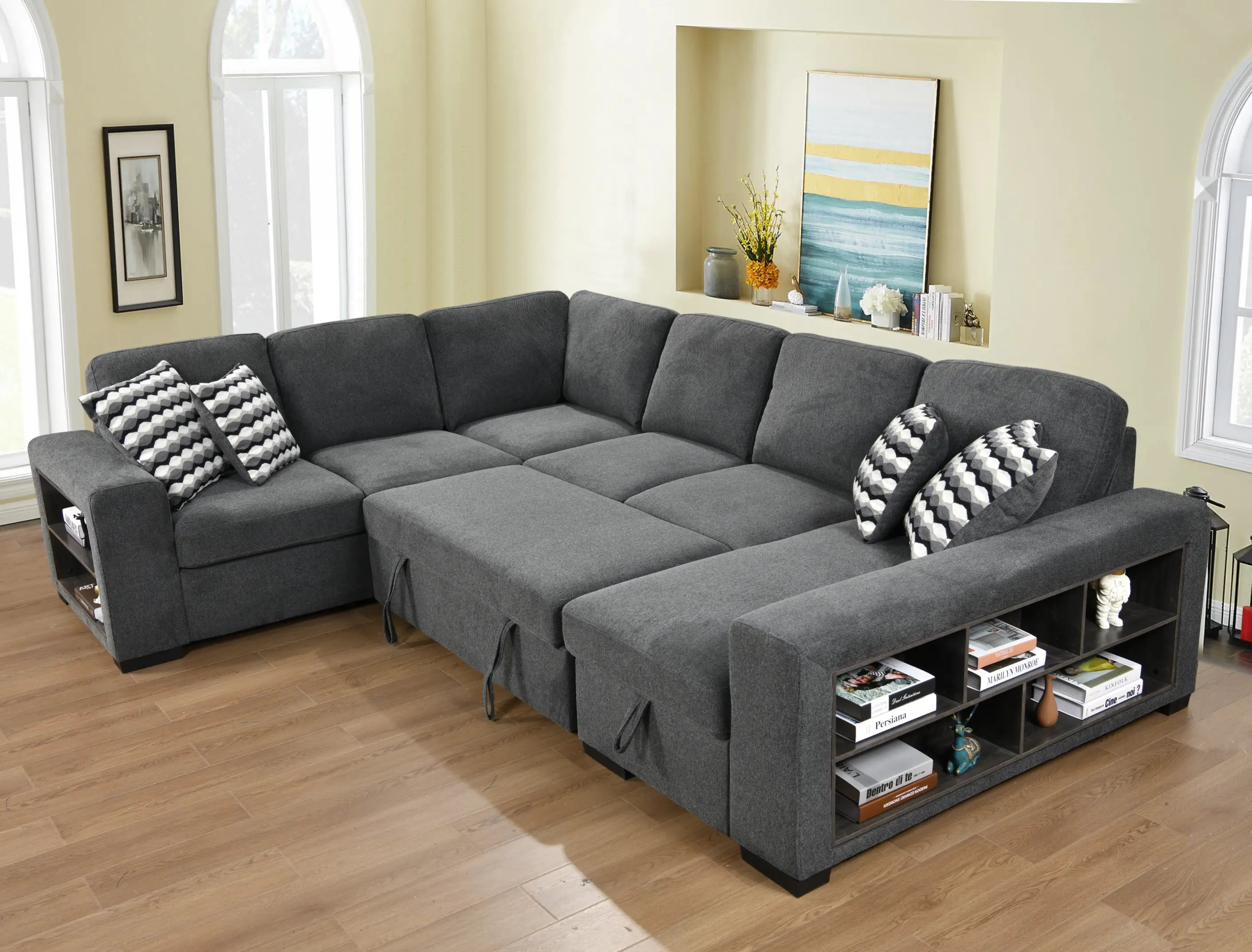 U Shaped Sectional, Sleeper Sofa with Chaise and Storage, Dark Gray