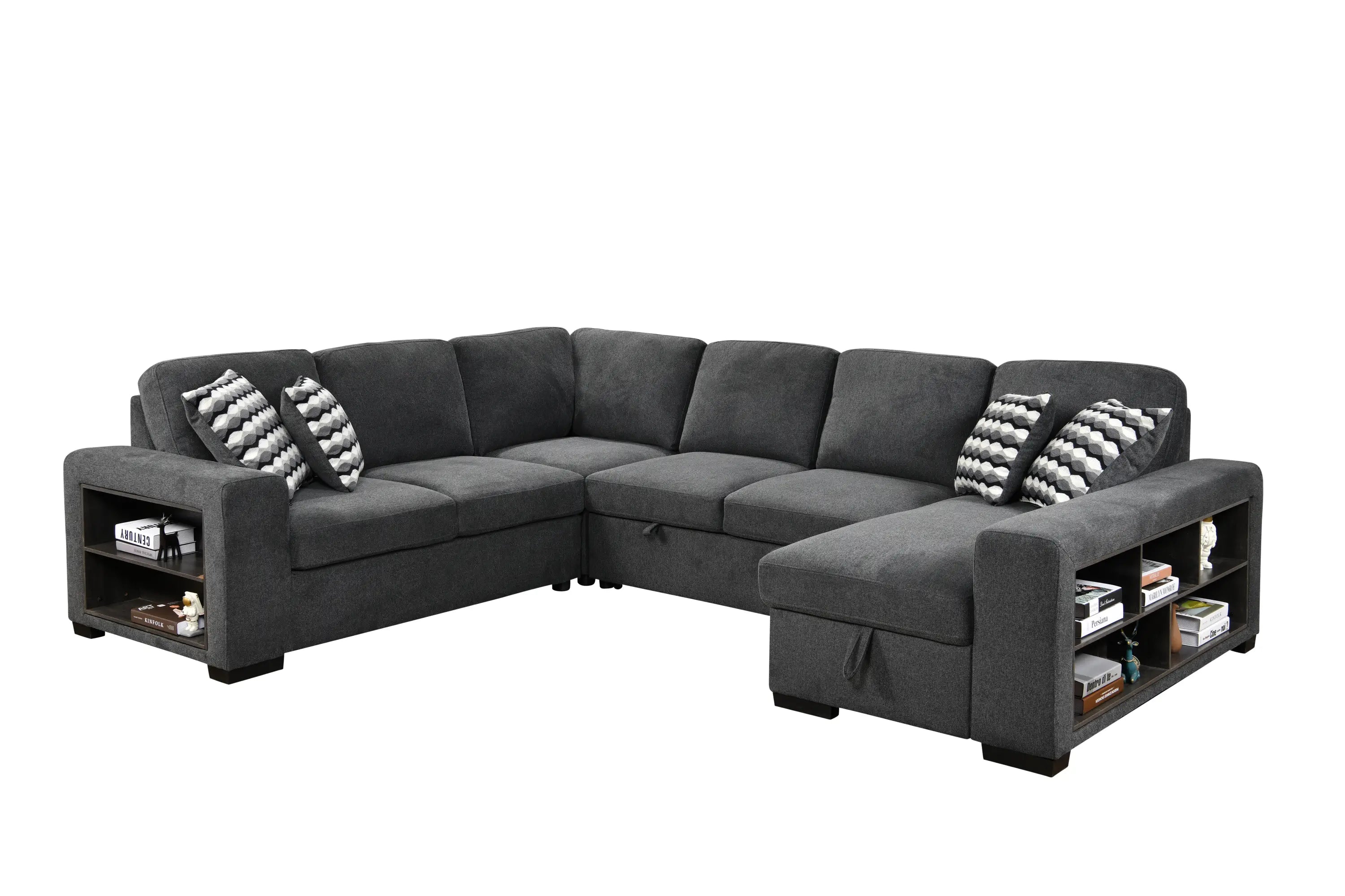 U Shaped Sectional, Sleeper Sofa with Chaise and Storage, Dark Gray