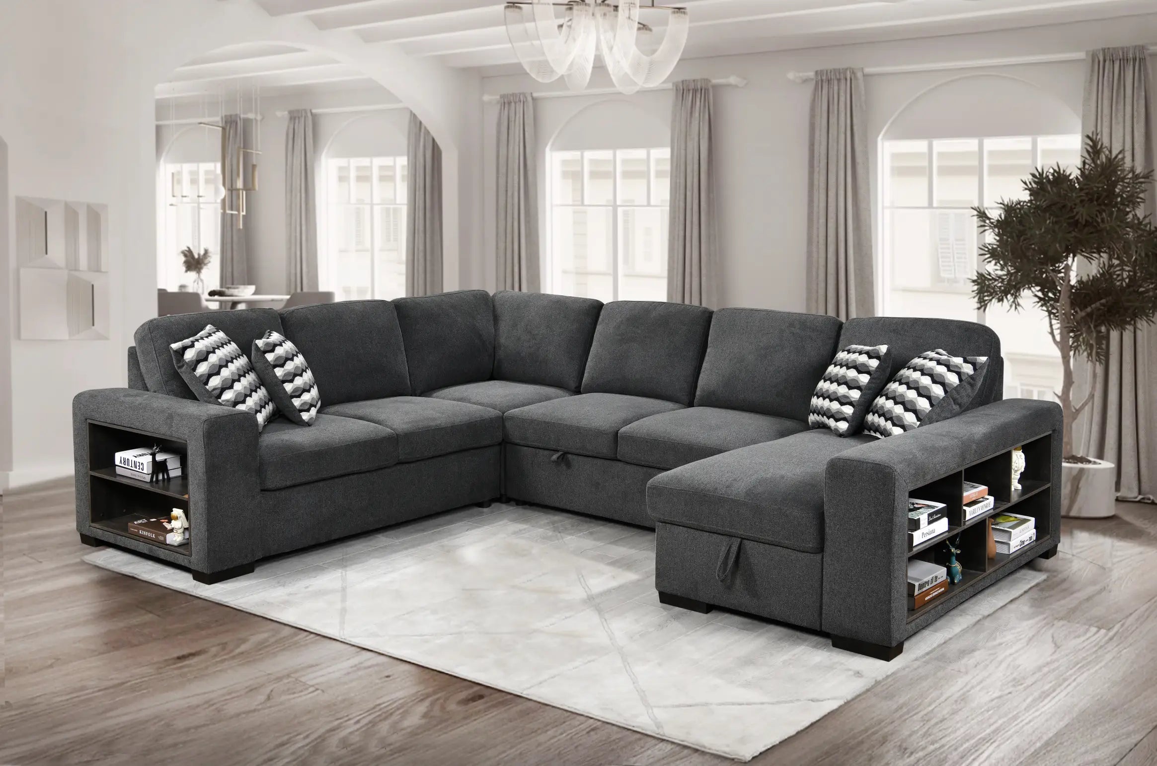 U Shaped Sectional, Sleeper Sofa with Chaise and Storage, Dark Gray