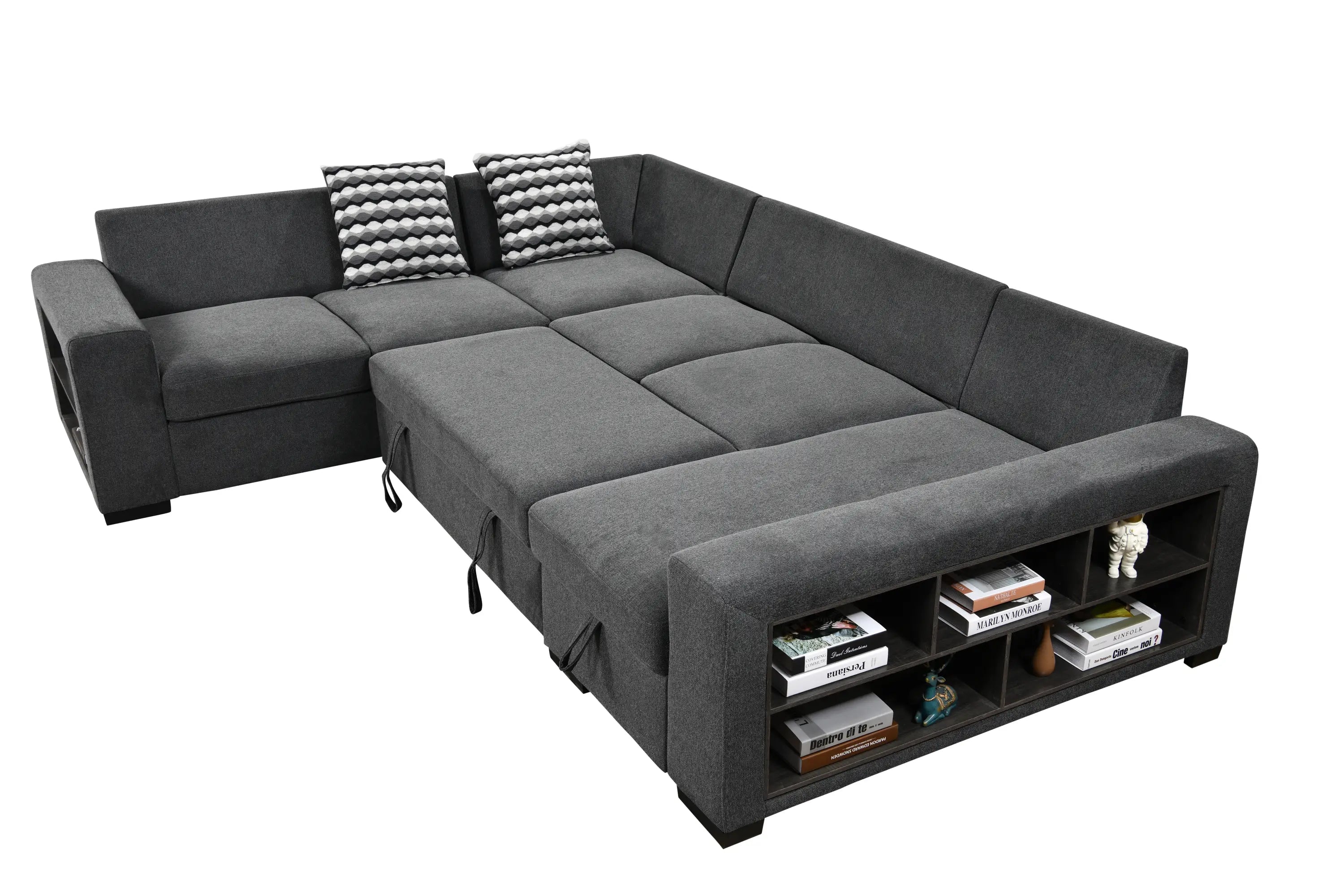 U Shaped Sectional, Sleeper Sofa with Chaise and Storage, Dark Gray