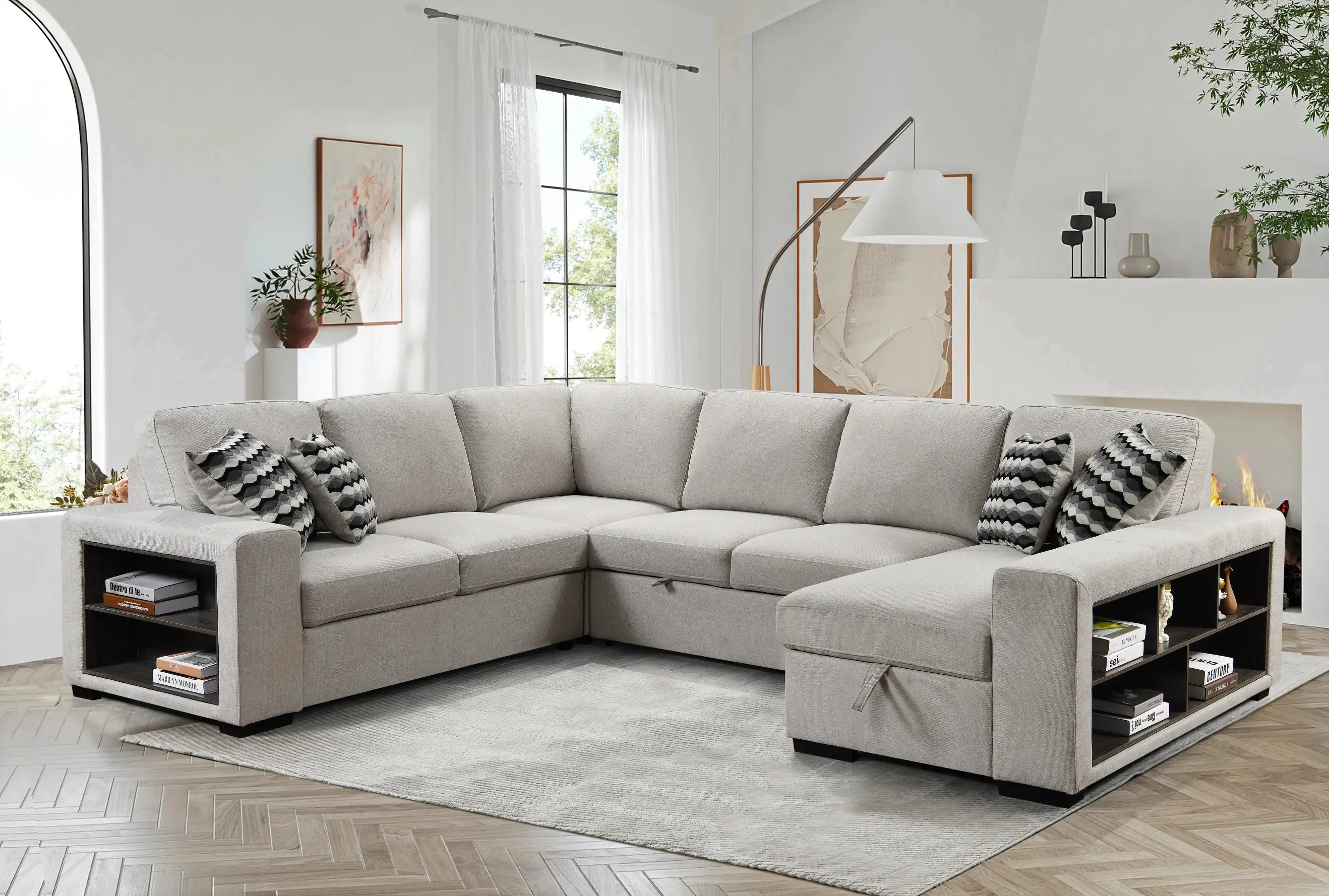 U Shaped Sectional, Sleeper Sofa with Chaise and Storage, Beige