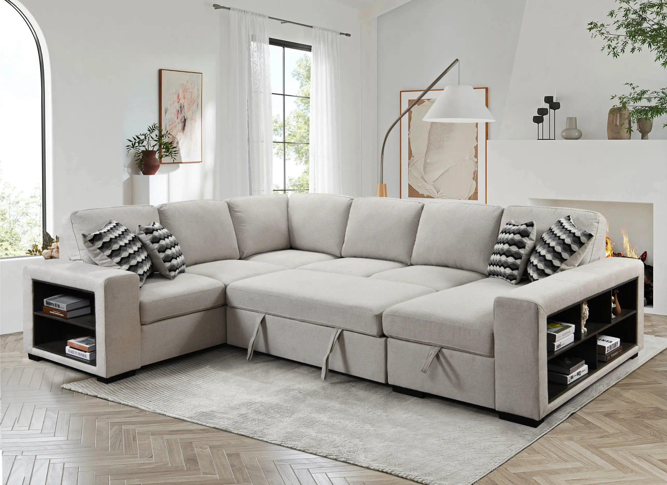 U Shaped Sectional, Sleeper Sofa with Chaise and Storage, Beige