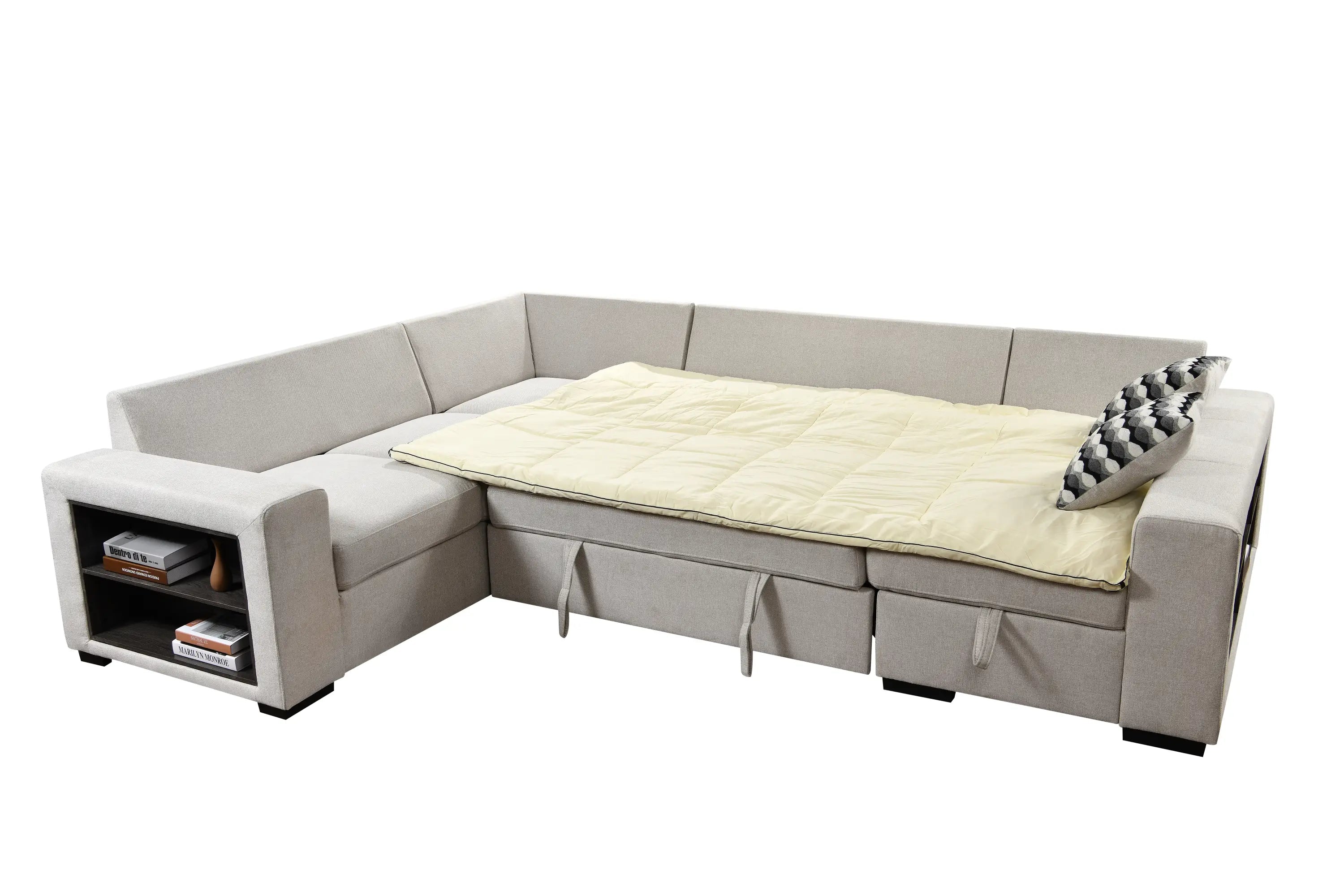 U Shaped Sectional, Sleeper Sofa with Chaise and Storage, Beige