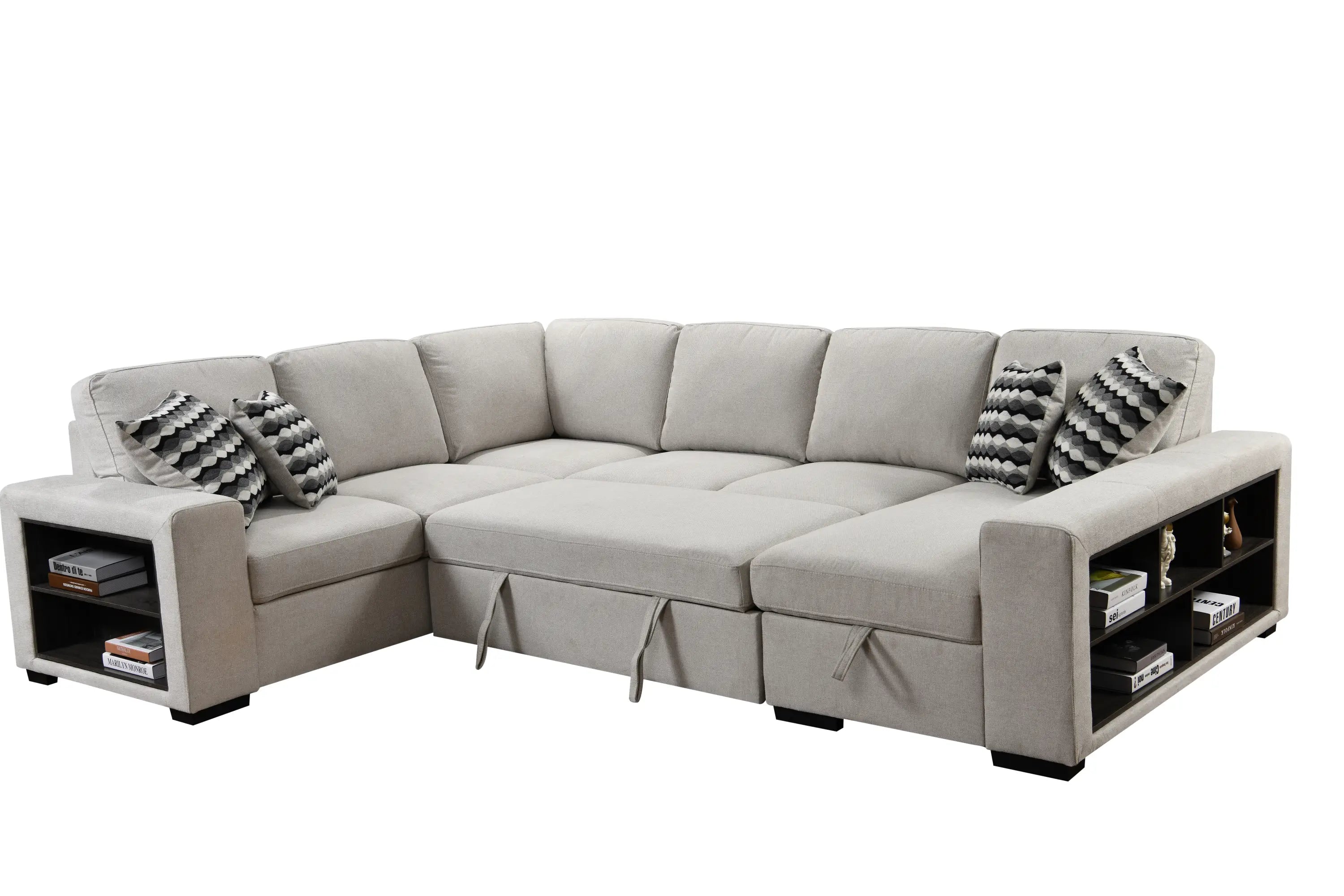 U Shaped Sectional, Sleeper Sofa with Chaise and Storage, Beige