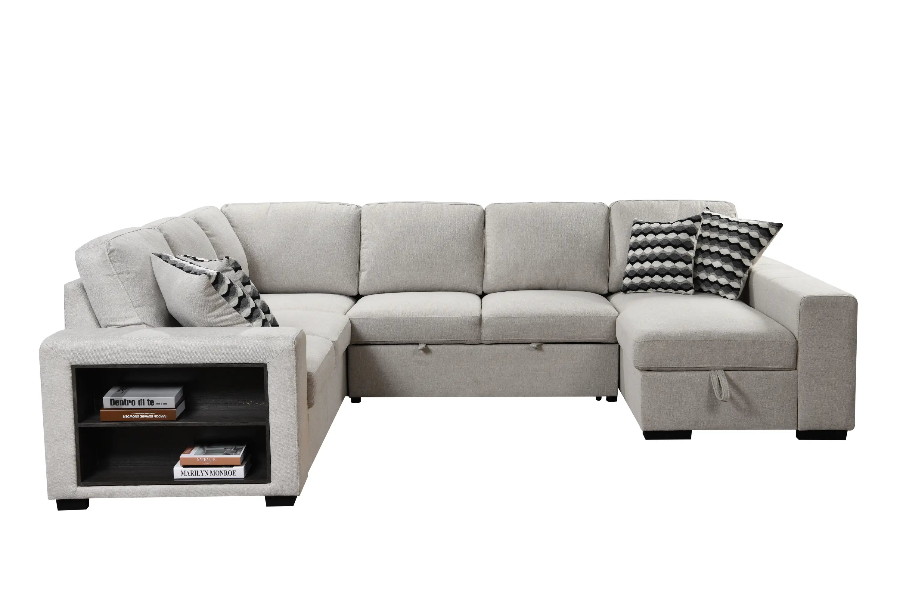 U Shaped Sectional, Sleeper Sofa with Chaise and Storage, Beige