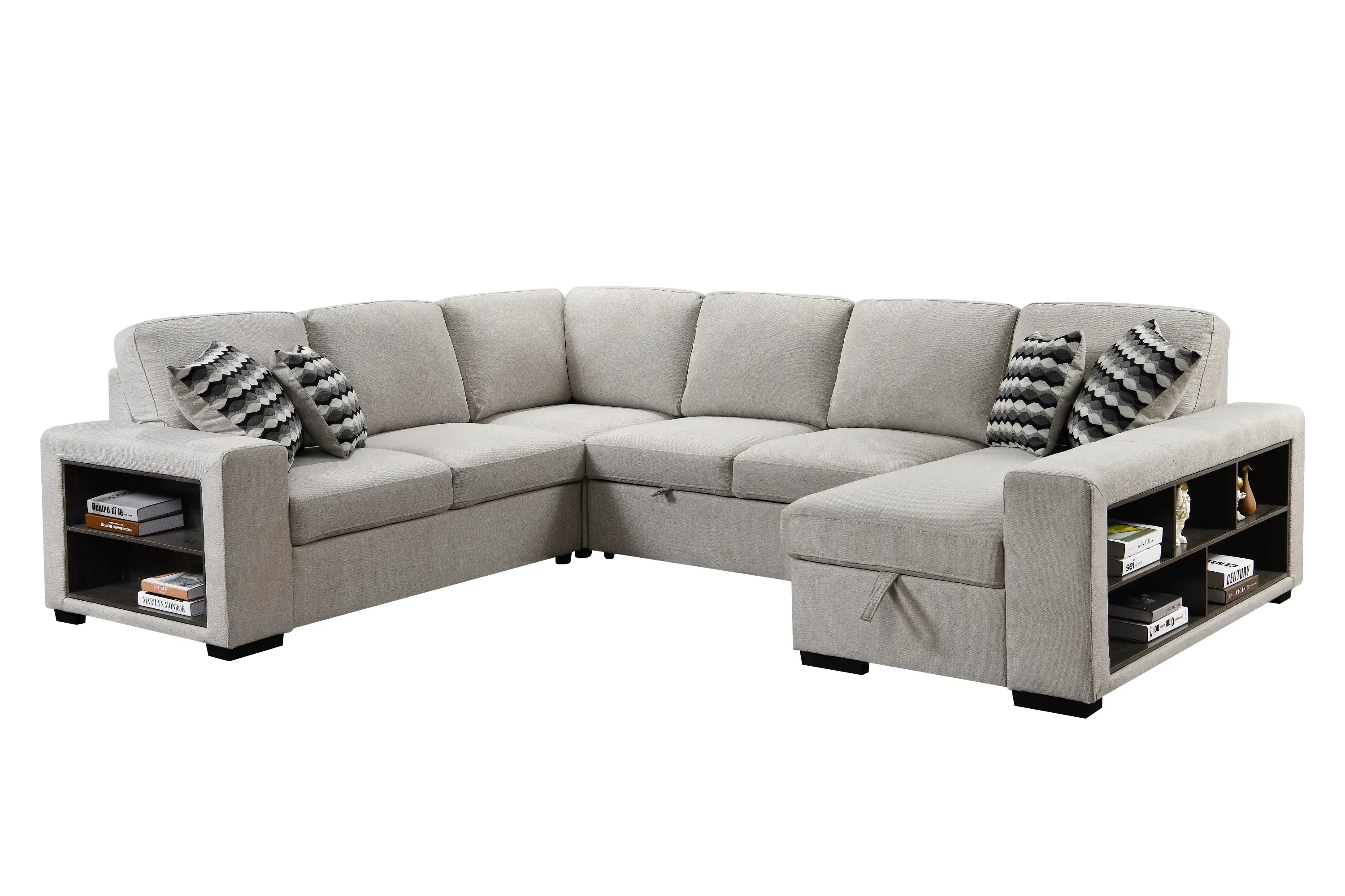 U Shaped Sectional, Sleeper Sofa with Chaise and Storage, Beige