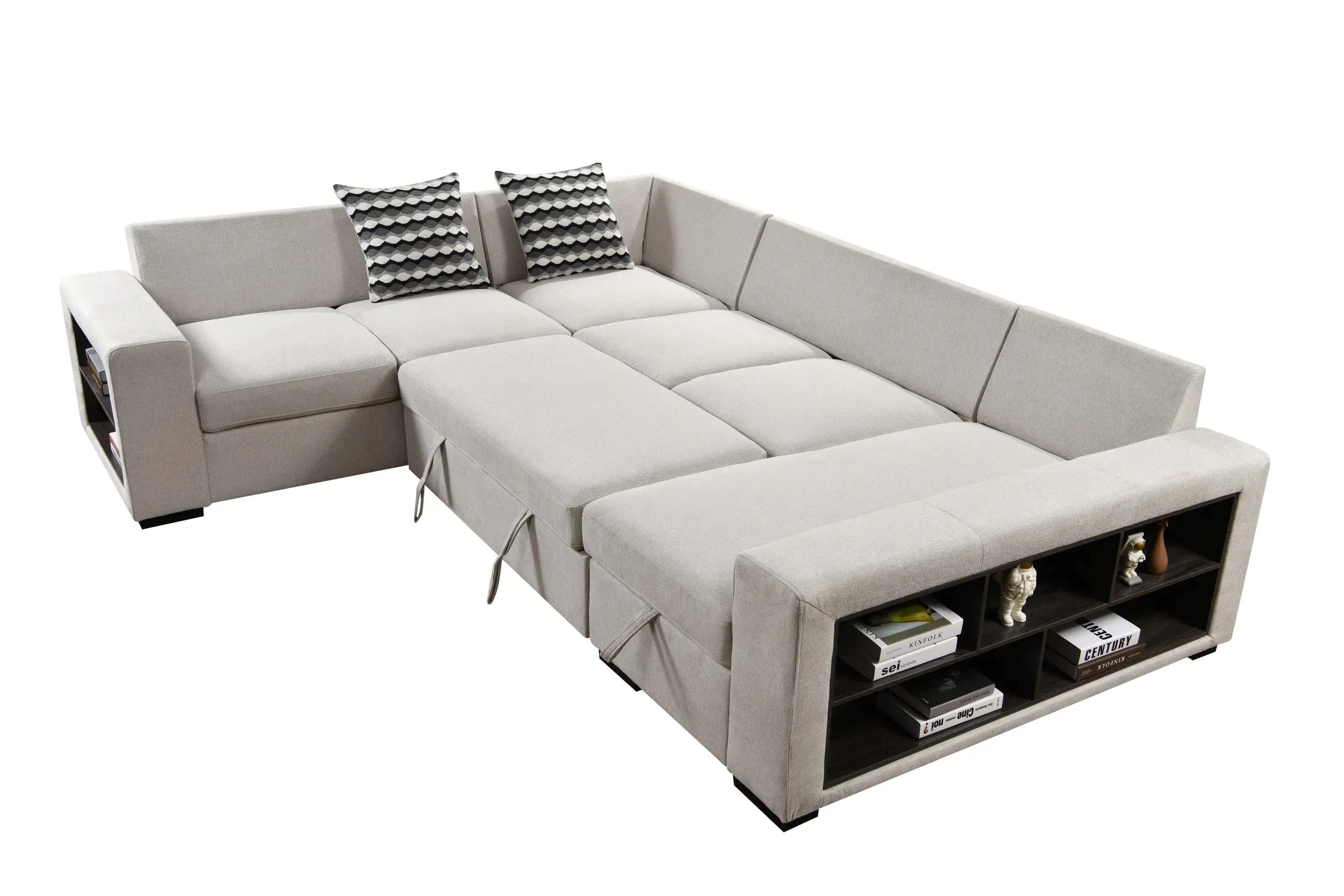 U Shaped Sectional, Sleeper Sofa with Chaise and Storage, Beige