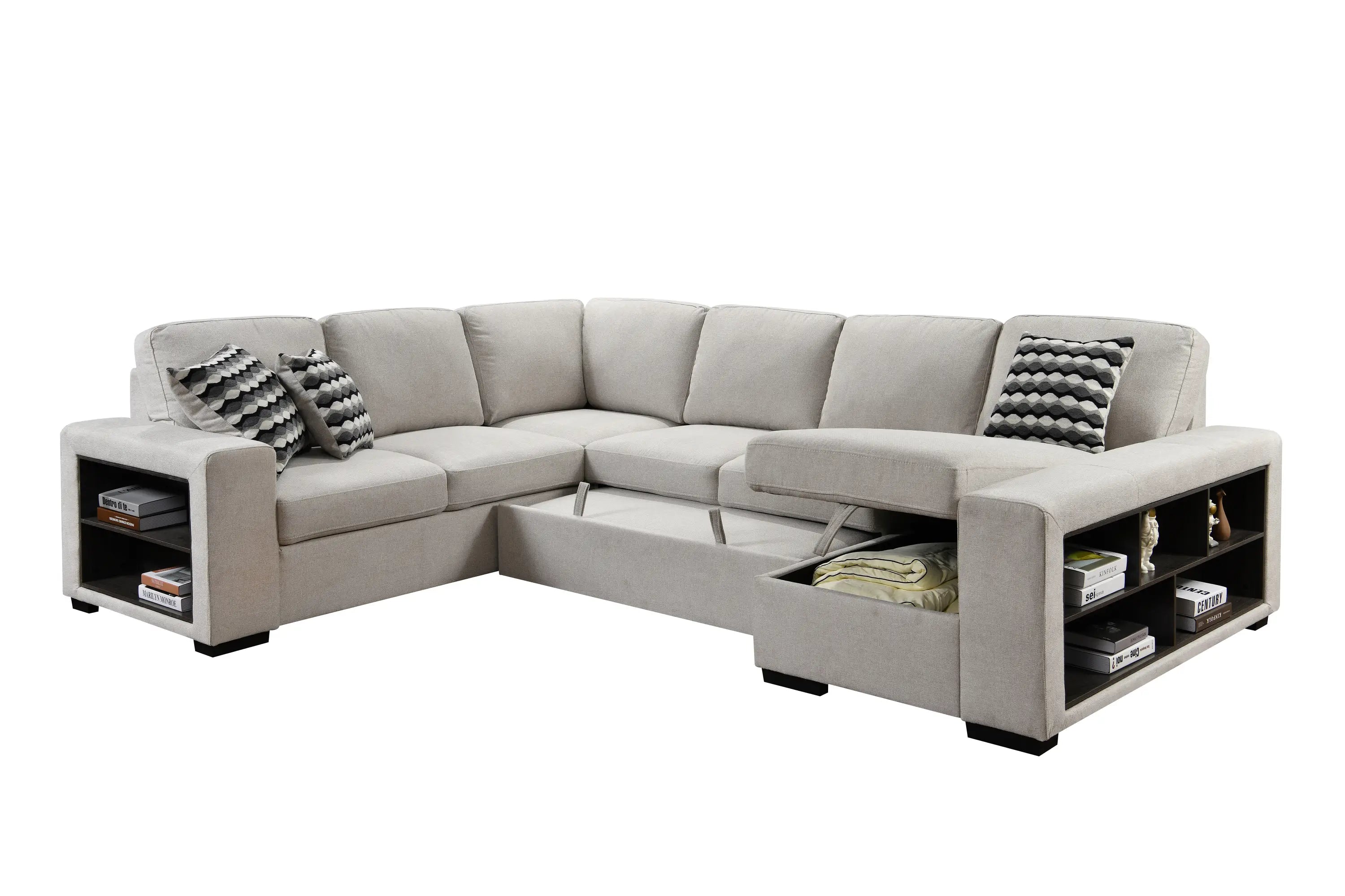 U Shaped Sectional, Sleeper Sofa with Chaise and Storage, Beige