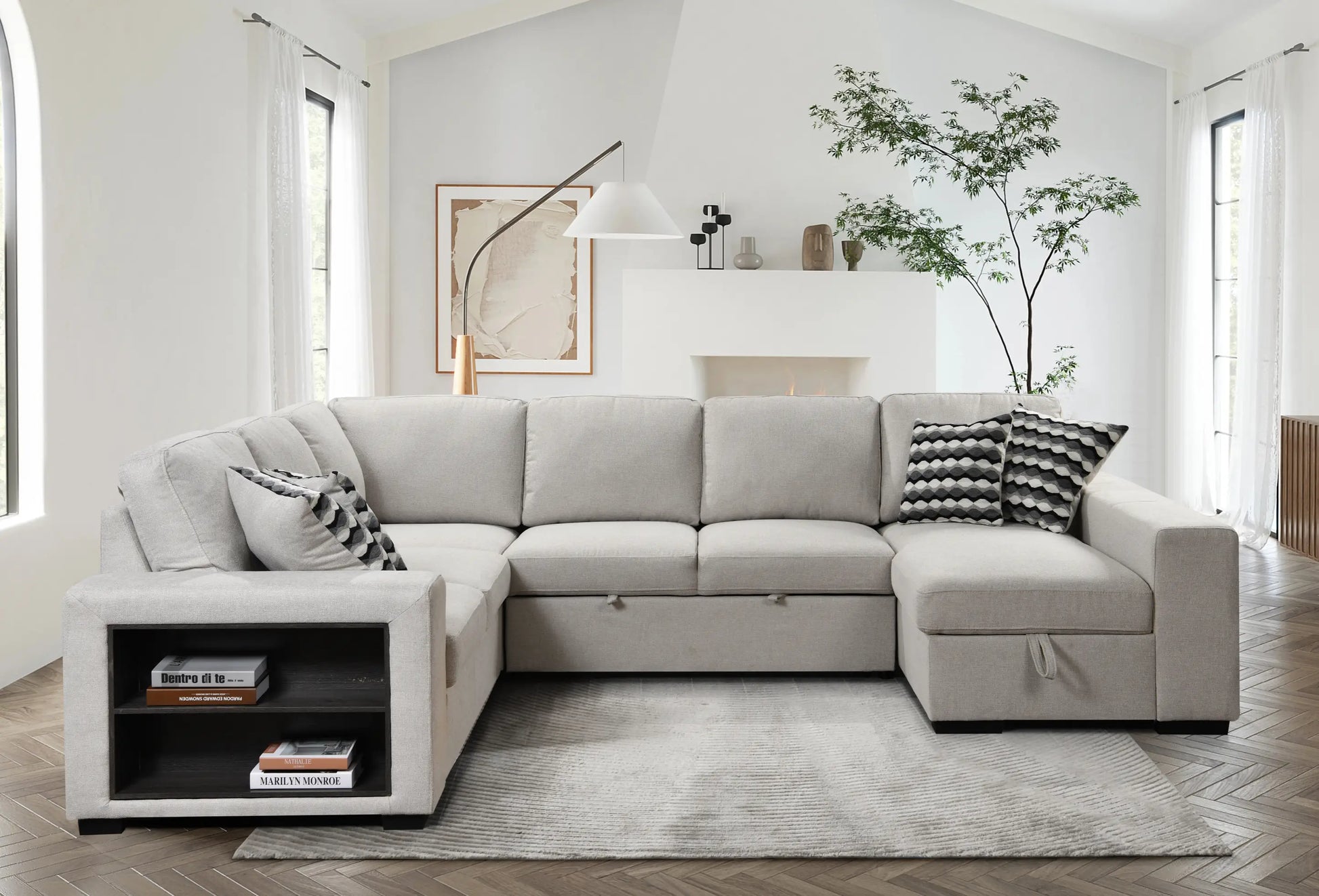 U Shaped Sectional, Sleeper Sofa with Chaise and Storage, Beige