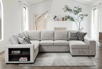 U Shaped Sectional, Sleeper Sofa with Chaise and Storage, Beige