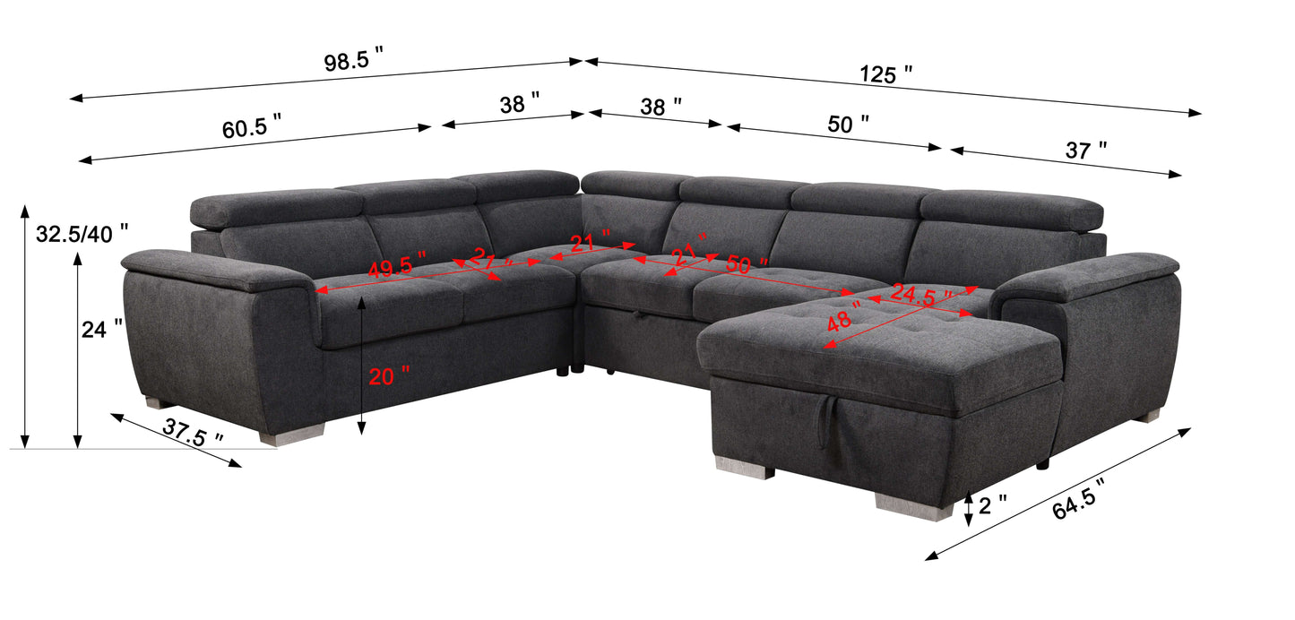 U Shaped 7-seat Sectional with Sofa Bed and Storage Chaise for Living Room - Beige, Gray