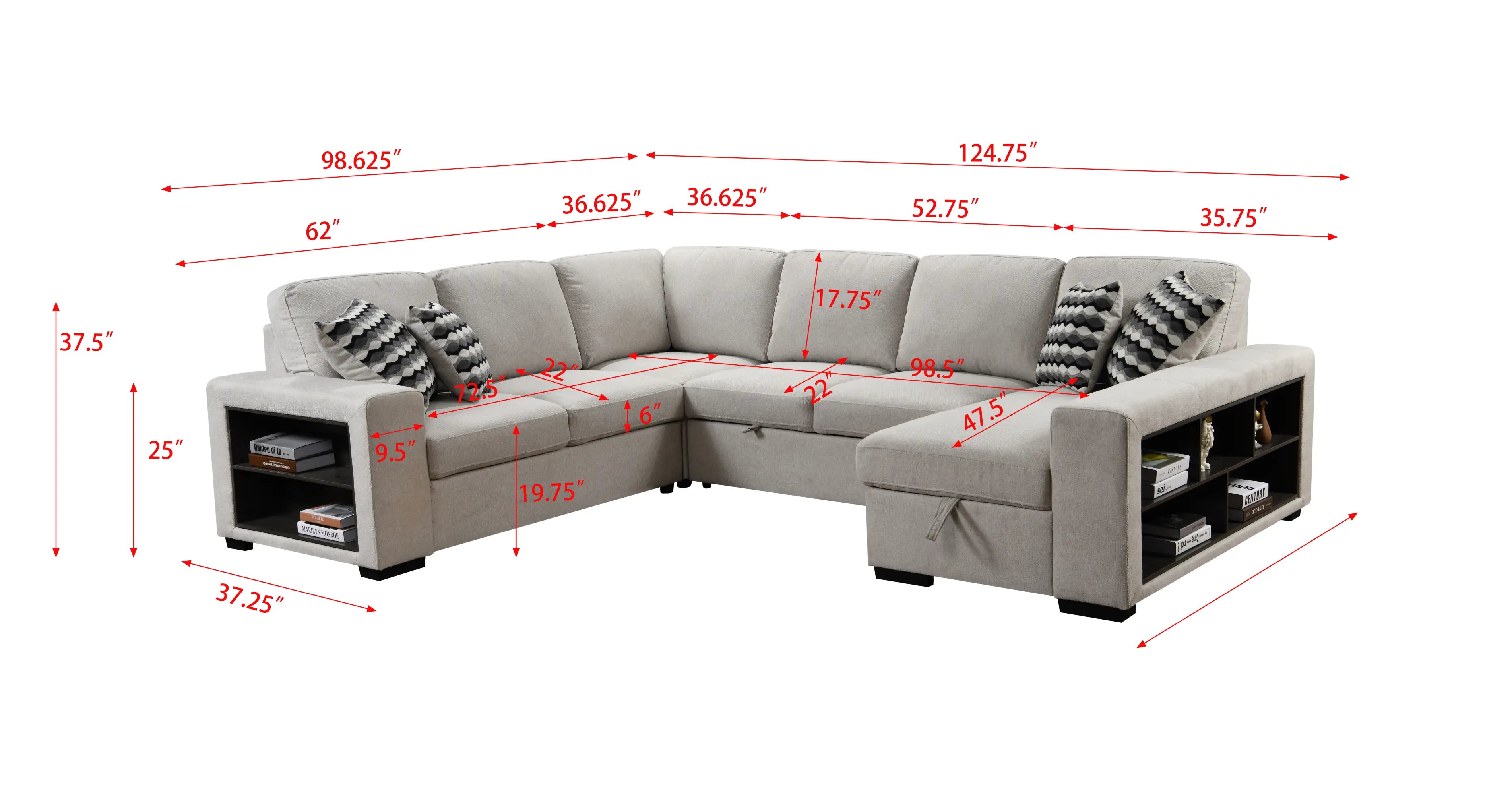 U Shaped Sectional, Sleeper Sofa with Chaise and Storage, Beige