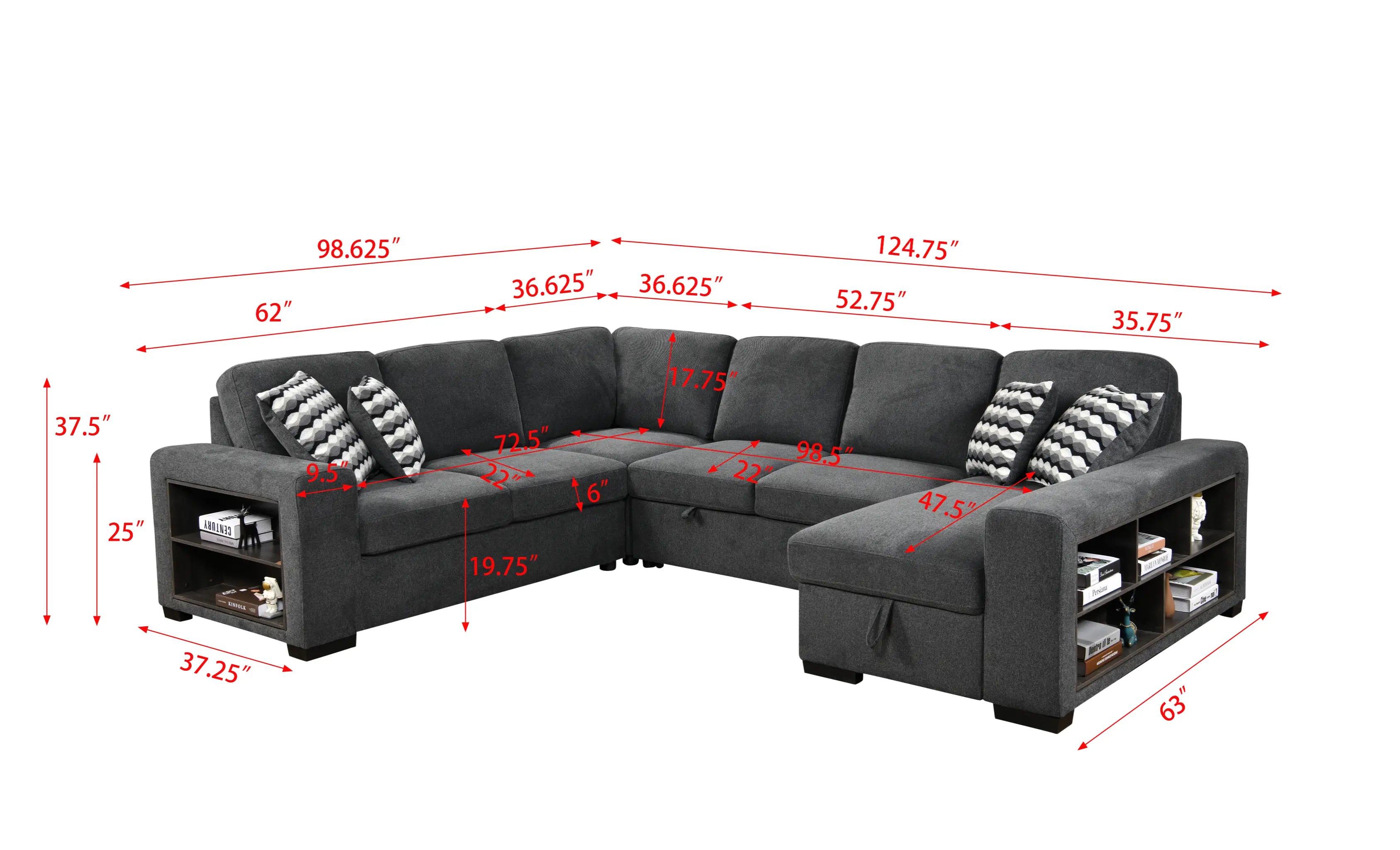 U Shaped Sectional, Sleeper Sofa with Chaise and Storage, Dark Gray