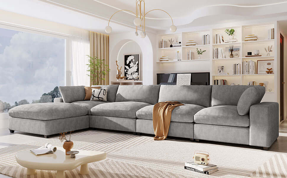 Cloud Couch Sectional, Large Modular Sofa with Ottoman, Gray