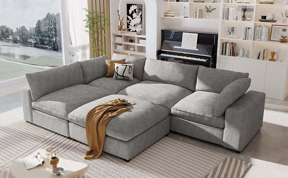 Cloud Couch Sectional, Large Modular Sofa with Ottoman, Gray