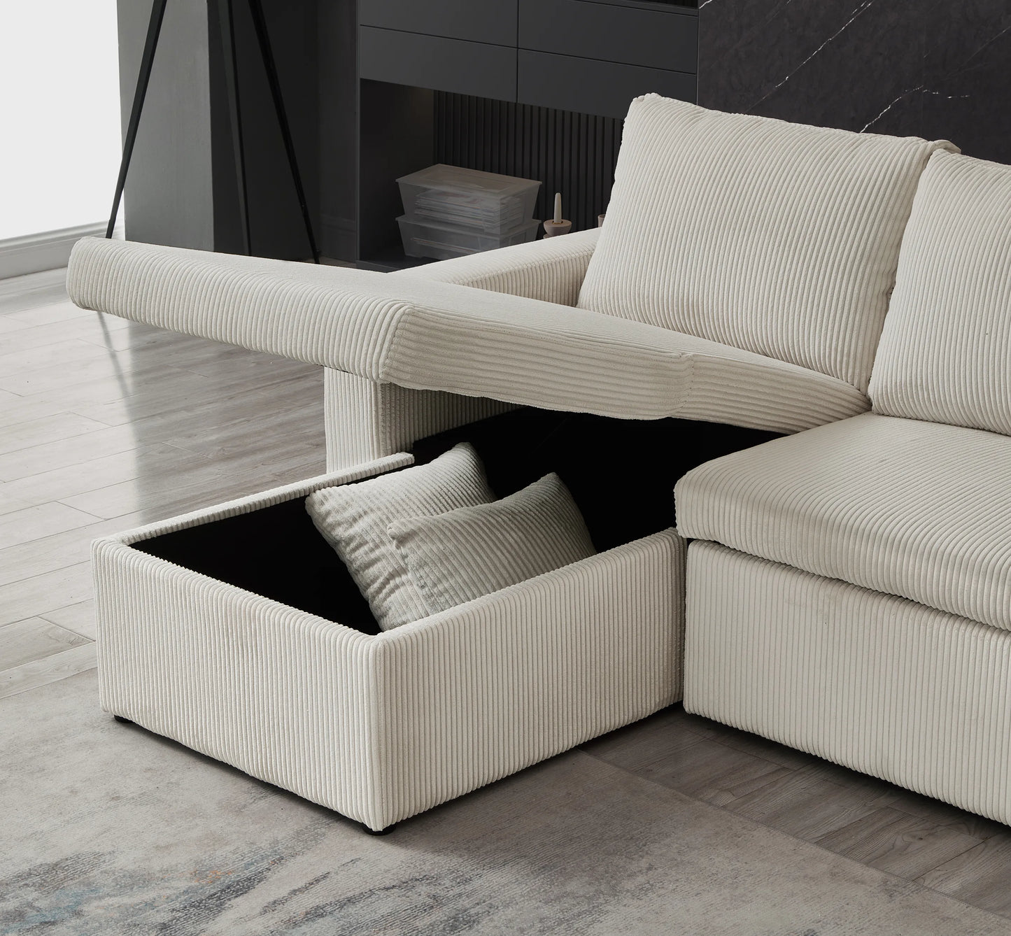 Louie Sofa Chaise Sleeper, Corduroy Couch with Double Chaise Storage - Beige