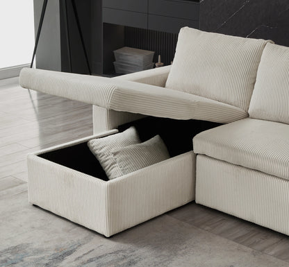 Louie Sofa Chaise Sleeper, Corduroy Couch with Double Chaise Storage - Beige