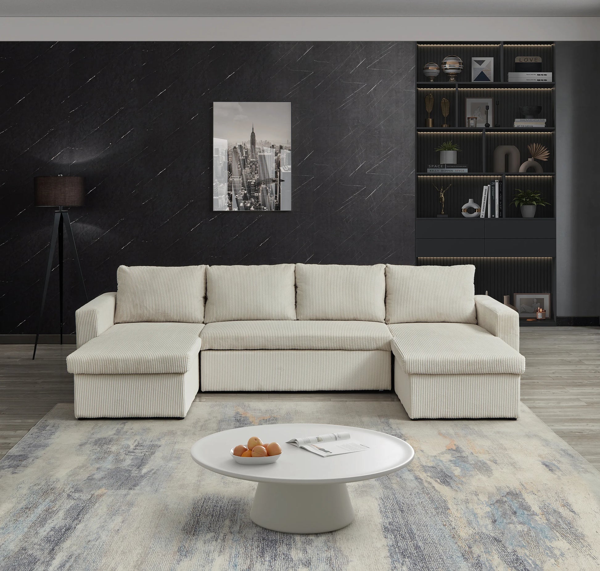 Louie Sofa Chaise Sleeper, Corduroy Couch with Double Chaise Storage - Beige