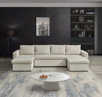 Louie Sofa Chaise Sleeper, Corduroy Couch with Double Chaise Storage - Beige
