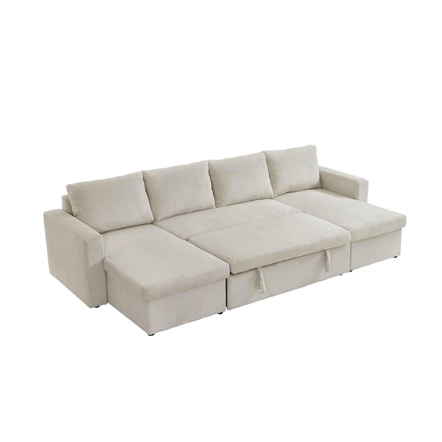 Louie Sofa Chaise Sleeper, Corduroy Couch with Double Chaise Storage - Beige