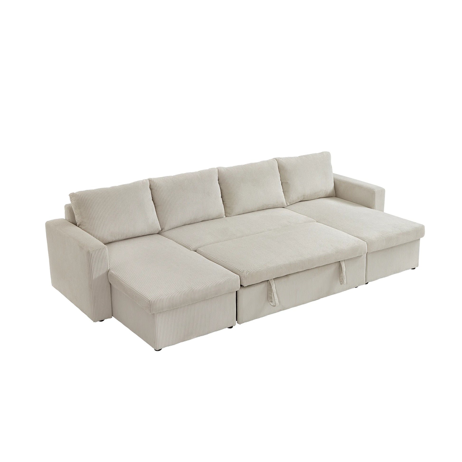 Louie Sofa Chaise Sleeper, Corduroy Couch with Double Chaise Storage - Beige