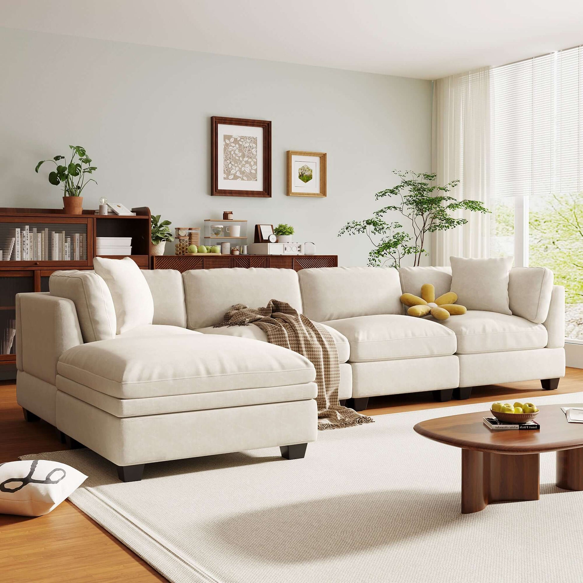 Modular Sofa with Removable Storage Ottoman, 5 Seat Sectional sofa with 2 Hidden Cup Holders