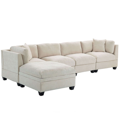 Modular Sofa with Removable Storage Ottoman, 5 Seat Sectional sofa with 2 Hidden Cup Holders