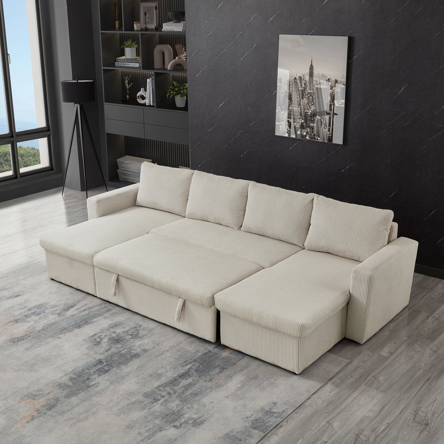 Louie Sofa Chaise Sleeper, Corduroy Couch with Double Chaise Storage - Beige